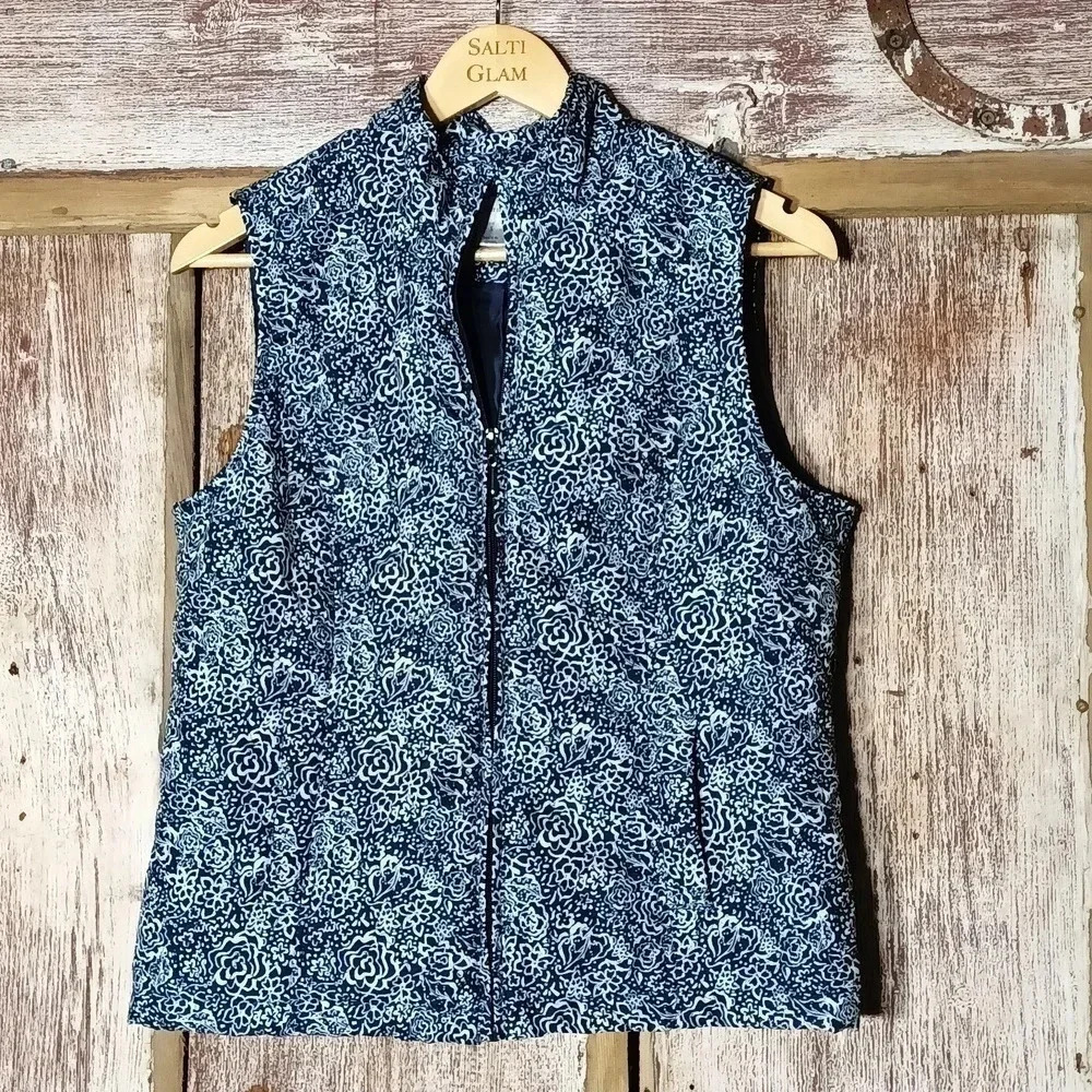 Christopher Banks quilted floral navy white zipper vest w/ pockets size S - Picture 2 of 7